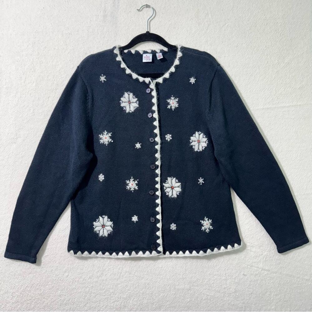 Wish For Joy Navy Cardigan Sweater White Winter Snowflake Embroidered Size Large